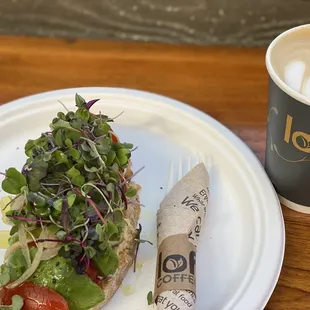 Avocado hummus toast and salted caramel latte