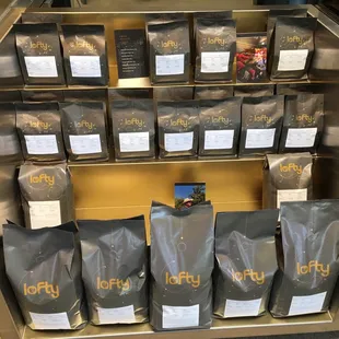 a display of coffee bags