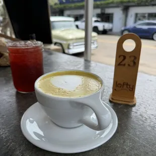 Patio seating with Golden Milk &amp; Hibiscus Tea