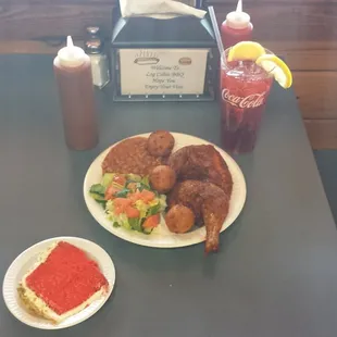 The wednsday BBQ Chicken special with 2 sides and a drink.