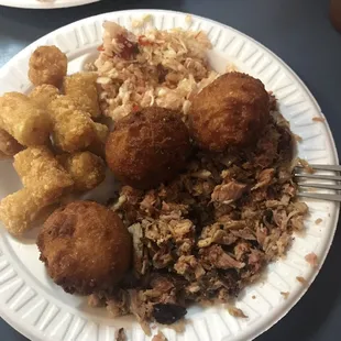 Chopped B-B-Q, red slaw, hushpuppies and tater tots. Delicious