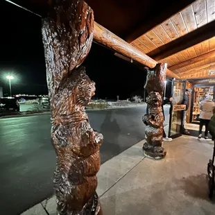 a log cabin at night