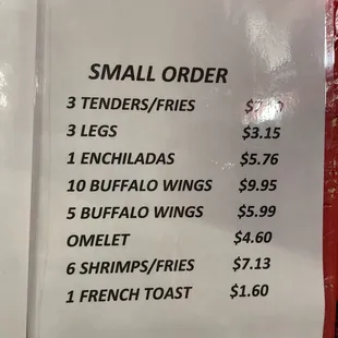 a menu for a small order