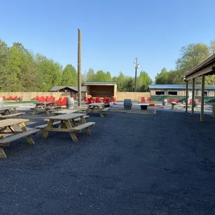 a picnic area with tables and benches
