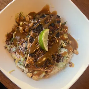 Thai peanut bowl with blackened salmon