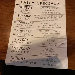 Daily specials menu
