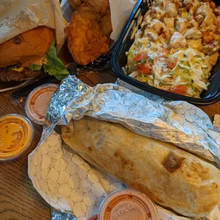 Tripa Burrito, single Burger, 3 Piece Fingers, Spicy rice bowl