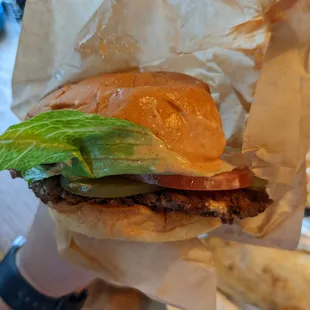 Single Burger - generous with the Logan's Sauce