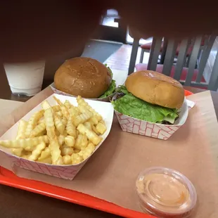 Burger and fries. Vanilla shake. Very good