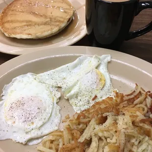 eggs, hash browns, and pancakes