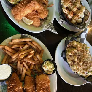 Fish &amp; Chips, Shepherds Pie, and Logan &apos;s Mac &amp; Cheese. Absolutely delicious!