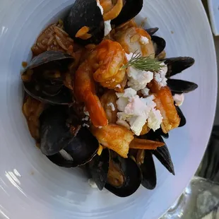 Seafood orzo! Mussels, shrimp and scallops in delicious tomato sauce!