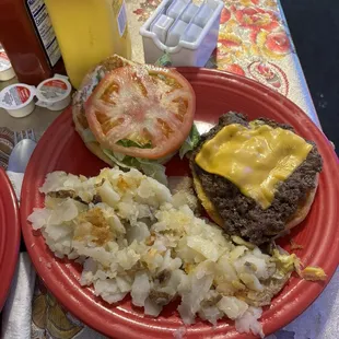 Cheeseburger and hash browns