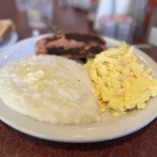 Chicken Apple Sausage, grits, and scrambled eggs