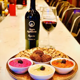Humus,Ajvar,Pink queen , falafel.        Wine &amp; spreads specials