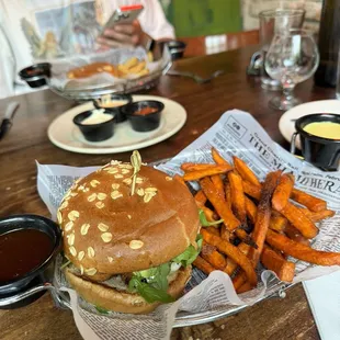 Farm style chicken sandwich with sweet potato fries