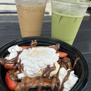 Their signature coffee &quot;Lone latte&quot; and Matcha, strawberry Nutella croffle.
