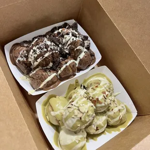 Nutella with Oreo crumble and pistachio &amp; cream with almonds.