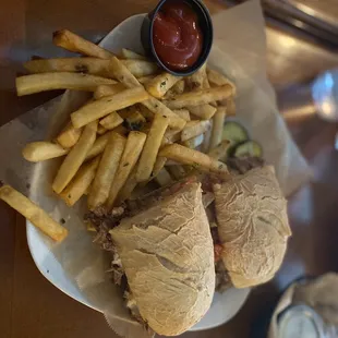 Roast beef po&apos; boy and rosemary fries.