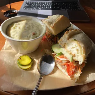 Pork Bahn Mi sandwich with cup of Chicken Wild Rice soup.