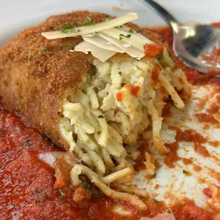 Pasta Fritto (cut so you can see the filling), yum!