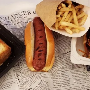 Hotdog, grilled cheese, fries, Korean pork burger