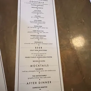 Cocktail menu
