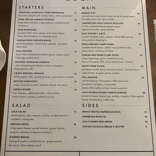 Dinner menu