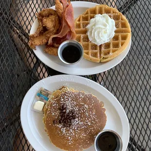 Chicken and Waffles. Chocolate Chip Pancakes.