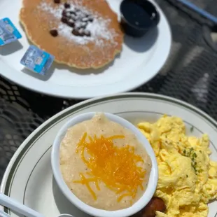 Cheese Grits, Sausage, Scrambled Eggs, and Chocolate Chip Pancake