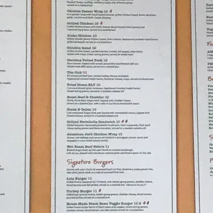 Sandwiches, burgers menu