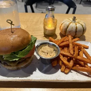 Delicious Cheeseburger and sweet potato fries.