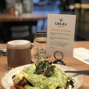 a plate of food and a drink