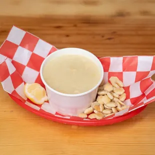 Chicken Lemon Soup served with crackers.