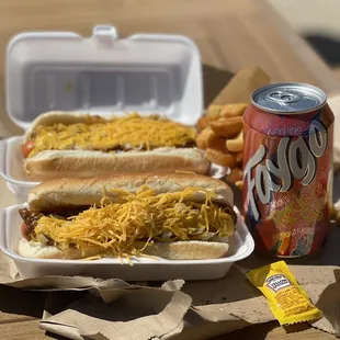 2 Detroit Style Dogs, Their iconic Coney Dog) and a Faygo (Rock &amp;Rye) soda w fries