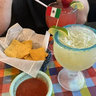 Strawberry Margarita, House Margarita, Chips &amp; salsa