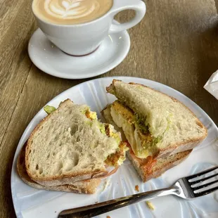 Egg &amp; Avo Smash Sandwich and Hot Honey Vanilla Latte