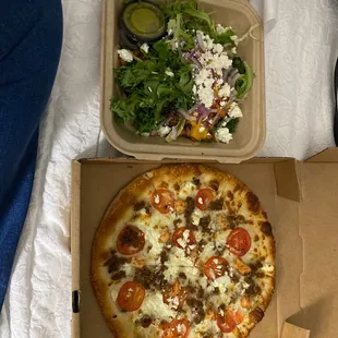 Take out of my favorite salad and pizza combo