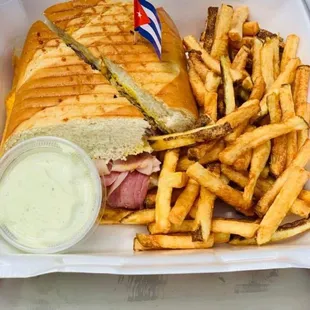 Cuban Sandwich with French Fries &amp; Lolas' Sauce. Sandwich Cubano con Papas Fritas y Salsa Lolas.