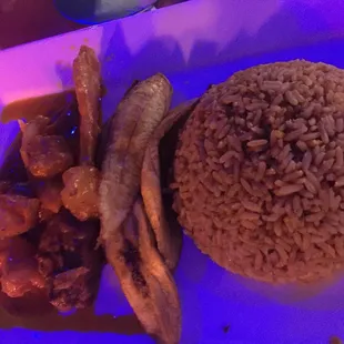 Jolof Rice with plantain and beef stew (contains cartilage)