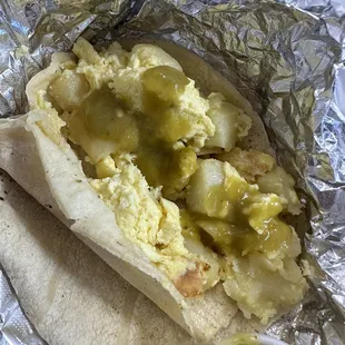 Potato &amp; Egg Taco on fresh corn tortilla...they even double the tortilla, but the extra support wasn&apos;t needed! This was delish!