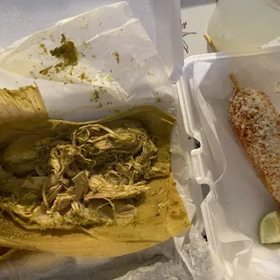 Chicken tamale  and elote