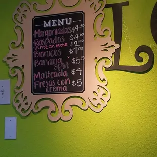 a menu on the wall