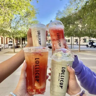 lychee wave, matcha smoothie, brown sugar boba mt, lychee volcano