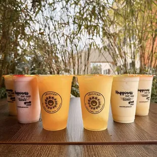 a variety of drinks on a table