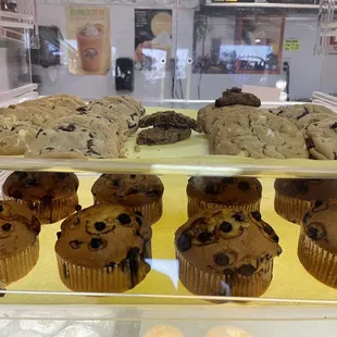 a display of chocolate chip muffins