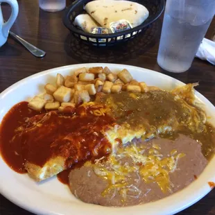 Two egg omelet with chorizo with red and chile papas and retried beans.