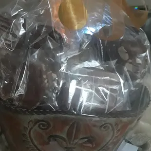 Received beautiful basket from my Cousin and I am totally in love with it. I don't want to open it but I can't wait to get into it. Thanks!