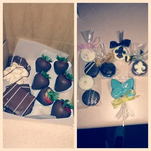 Chocolate covered strawberries, rice krispy, chocolate oreos (pack), butterly and they're fabulous Fleur De Lis chocolates