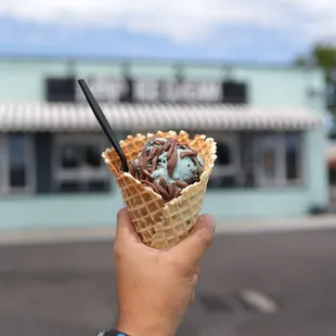 Cookie Monster Ice cream with Lolly Sauce